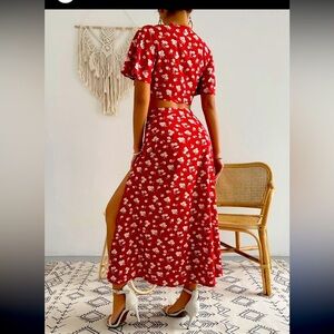 Two piece skirt set - red/white floral short sleeve cropped top w/skirt